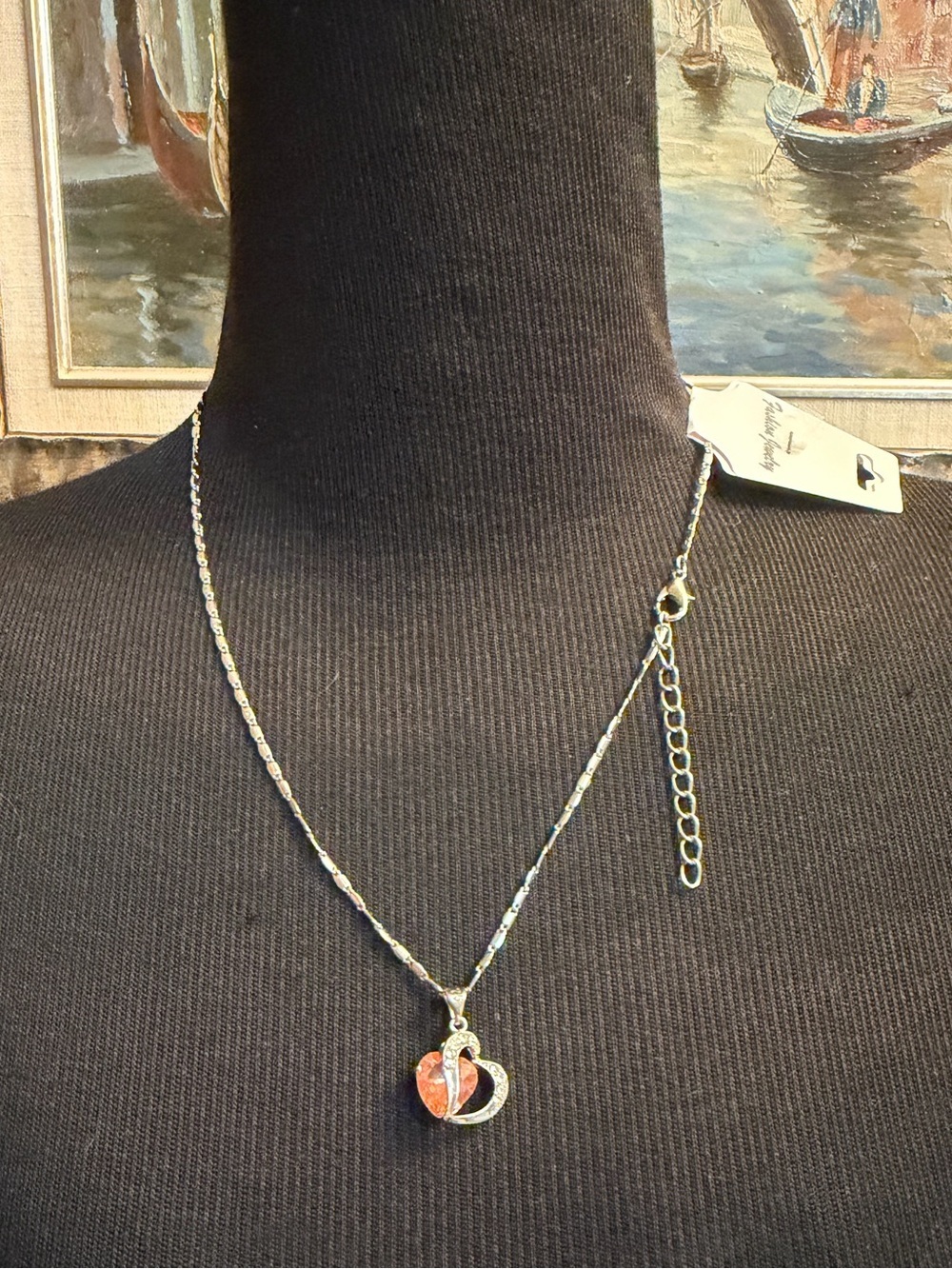 NEW! Heart  Pink Peach Silver Tone adjustable Necklace Rhinestone Accents